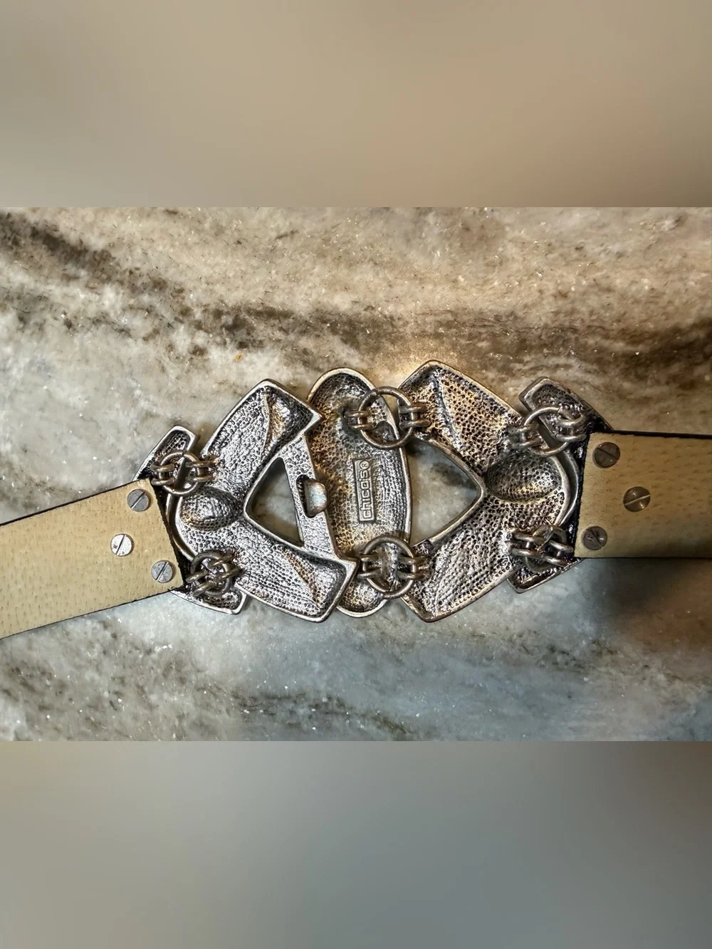 Chico’s Genuine Leather Statement Belt Black Silver Gold Boho Western SM/MED